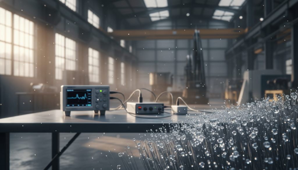 A close-up view of specialty sensing fibers showcasing their advanced performance characteristics in a harsh environment. In the foreground, a bundle of spun fibers is illuminated, highlighting their unique textures and fine details, with droplets of moisture glistening on the surface to emphasize durability. The middle ground features a scientifically sophisticated setup, including precision sensors and measuring devices, arranged on a sleek lab table. In the background, an industrial setting with softened, blurred machinery evokes a sense of ruggedness and practicality, while natural light streams through large windows, creating a bright, focused atmosphere. The overall mood is one of innovation and resilience, clearly representing the cutting-edge technology of spun fibers. A close-up view of specialty sensing fibers showcasing their advanced performance characteristics in a harsh environment. In the foreground, a bundle of spun fibers is illuminated, highlighting their unique textures and fine details, with droplets of moisture glistening on the surface to emphasize durability. The middle ground features a scientifically sophisticated setup, including precision sensors and measuring devices, arranged on a sleek lab table. In the background, an industrial setting with softened, blurred machinery evokes a sense of ruggedness and practicality, while natural light streams through large windows, creating a bright, focused atmosphere. The overall mood is one of innovation and resilience, clearly representing the cutting-edge technology of spun fibers.