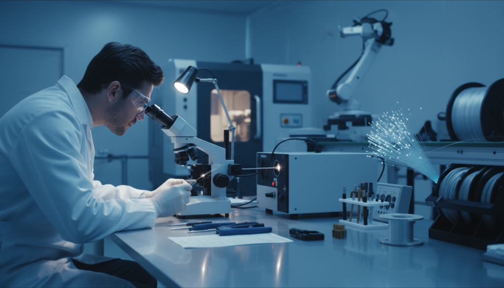 A detailed and intricate depiction of multi-core fiber manufacturing challenges. In the foreground, showcase a technician in professional attire examining a complex array of multi-core fibers under bright, focused LED lighting. In the middle ground, highlight machinery and tools used in the fiber manufacturing process, with visible connectors, splicing equipment, and precision optics, emphasizing a clean, high-tech environment. In the background, include a subtle blur of operating equipment and fiber optic bundles, hinting at a busy workshop setting. The atmosphere should be one of focused innovation, with a slight blue hue to suggest a high-tech ambiance. Capture the scene with a shallow depth of field to emphasize the technician and the intricate fibers, using a slight low-angle perspective to create a sense of scale and importance.