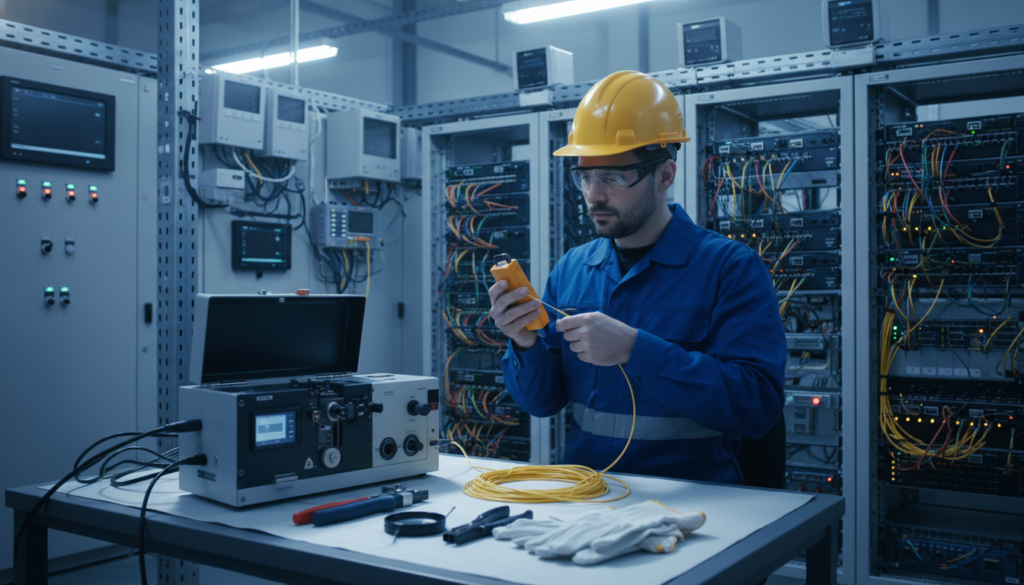 A detailed illustration of fiber maintenance procedures in an industrial setting, showcasing a technician wearing professional attire inspecting optical fiber cables. In the foreground, a close-up of various tools used for fiber maintenance, such as splicing machines, cleavers, and protective gear. The middle ground features a technician carefully working with a fiber optic cable, demonstrating proper handling techniques, while the background reveals a sophisticated industrial environment with sensors, control panels, and an array of fiber systems. The lighting is bright, high-contrast, simulating an indoor workspace with overhead fluorescent lights. The angle captures the action from slightly above, emphasizing the precision and care involved in maintenance. The mood is focused and technical, illustrating the importance of meticulous attention to detail in fiber system reliability. A detailed illustration of fiber maintenance procedures in an industrial setting, showcasing a technician wearing professional attire inspecting optical fiber cables. In the foreground, a close-up of various tools used for fiber maintenance, such as splicing machines, cleavers, and protective gear. The middle ground features a technician carefully working with a fiber optic cable, demonstrating proper handling techniques, while the background reveals a sophisticated industrial environment with sensors, control panels, and an array of fiber systems. The lighting is bright, high-contrast, simulating an indoor workspace with overhead fluorescent lights. The angle captures the action from slightly above, emphasizing the precision and care involved in maintenance. The mood is focused and technical, illustrating the importance of meticulous attention to detail in fiber system reliability.