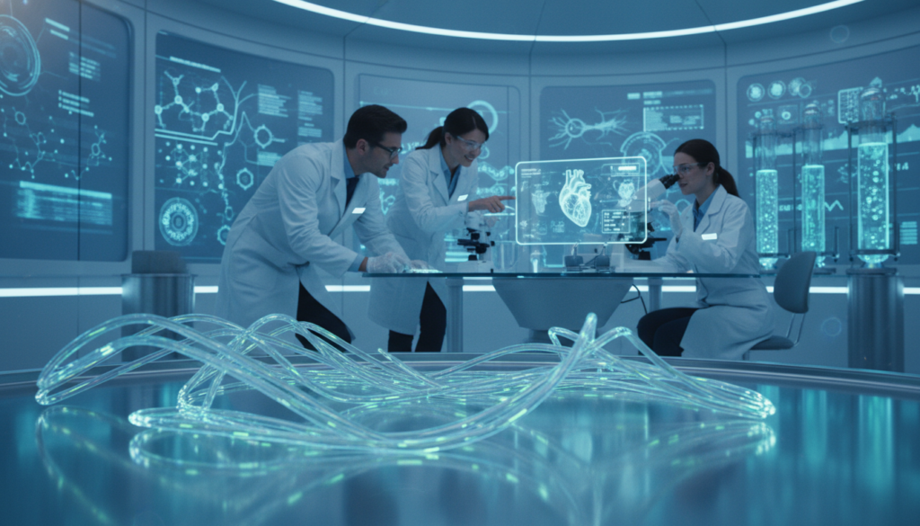 A futuristic laboratory setting showcasing advanced ISO medical fiber technology innovations. In the foreground, a close-up view of luminous, flexible optical fibers, intricately woven and glowing softly to emphasize their high-tech design. The middle ground features scientists in professional lab coats, examining fiber samples with advanced optical equipment, displaying expressions of focus and excitement. The background reveals a high-tech lab filled with screens displaying data and 3D models, bathed in cool, blue LED lighting that enhances the modern atmosphere. Soft reflections on the shiny surfaces create a clean and professional look, embodying the cutting-edge advancements in medical fiber technology. The overall mood is one of innovation and hope, highlighting the future of healthcare solutions.