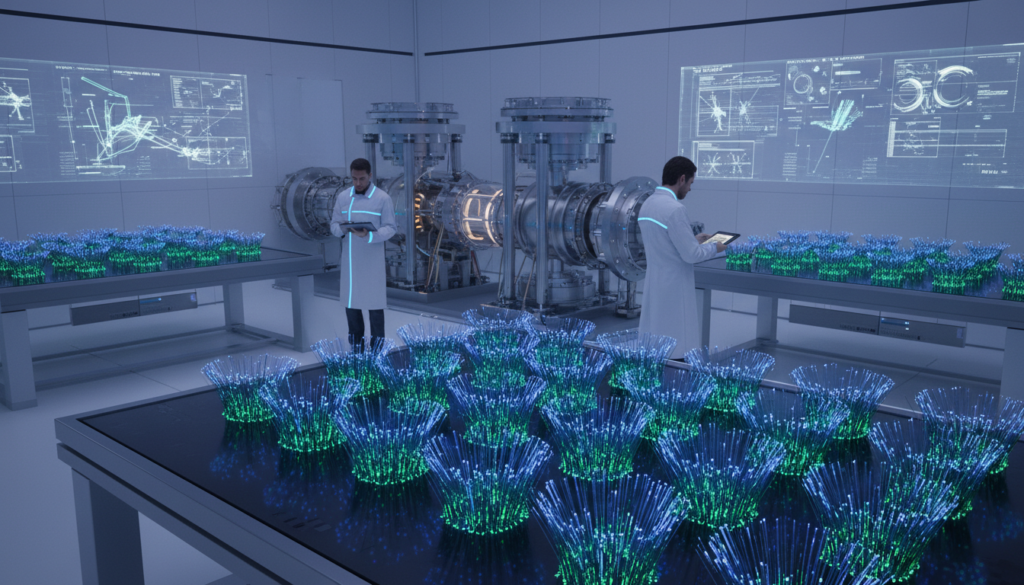 A futuristic laboratory showcasing synchrotron fiber technology prominently in the foreground, with intricately woven optical fibers glowing in vibrant hues of blue and green, reflecting advanced materials. In the middle, high-tech equipment like vacuum chambers and particle accelerators seamlessly integrated into the environment, with scientists in professional attire examining the fibers. The background features a sleek, modern design with holographic displays illustrating data trends in high vacuum environments. Soft, ambient lighting highlights the technological elegance, with a slightly darker atmosphere to evoke a sense of cutting-edge innovation. The angle is slightly above eye level, providing a comprehensive view of this advanced setting, conveying a mood of excitement and anticipation for future developments in fiber technology.