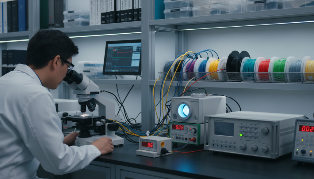 A highly detailed, close-up view of an advanced optical fiber properties measurement setup in a modern laboratory. In the foreground, a technician in a lab coat is carefully examining a fiber optic cable under a sophisticated optical microscope, with intricate measurement instruments nearby. In the middle ground, various testing equipment is showcased, including a light source and a coherent optical measurement device, surrounded by fiber cables of different colors. The background features shelves filled with fiber samples and technical manuals, softly illuminated by white LED lighting to create a clean, professional ambiance. The atmosphere is focused and scientific, emphasizing precision and consistency in fiber optics. A highly detailed, close-up view of an advanced optical fiber properties measurement setup in a modern laboratory. In the foreground, a technician in a lab coat is carefully examining a fiber optic cable under a sophisticated optical microscope, with intricate measurement instruments nearby. In the middle ground, various testing equipment is showcased, including a light source and a coherent optical measurement device, surrounded by fiber cables of different colors. The background features shelves filled with fiber samples and technical manuals, softly illuminated by white LED lighting to create a clean, professional ambiance. The atmosphere is focused and scientific, emphasizing precision and consistency in fiber optics.