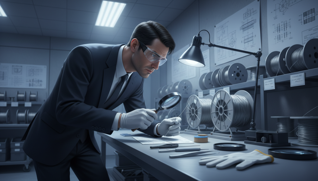A highly detailed illustration of maintenance procedures for metal coated fiber products in an industrial setting. In the foreground, a technician in professional business attire is carefully inspecting a metal coated fiber sample under bright, focused lighting. The middle ground features various tools and equipment organized neatly on a workbench, including magnifying glasses, cleaning brushes, and protective gear. The background showcases a well-lit workshop with shelves holding different types of metal coated fibers and engineering diagrams on the wall. The mood is professional and meticulous, with an emphasis on precision and cleanliness. Capture the intricate textures of the metal coating, using a slightly low-angle perspective to highlight the expert handling of the materials. The overall atmosphere should convey a sense of expertise and dedication to quality maintenance. A highly detailed illustration of maintenance procedures for metal coated fiber products in an industrial setting. In the foreground, a technician in professional business attire is carefully inspecting a metal coated fiber sample under bright, focused lighting. The middle ground features various tools and equipment organized neatly on a workbench, including magnifying glasses, cleaning brushes, and protective gear. The background showcases a well-lit workshop with shelves holding different types of metal coated fibers and engineering diagrams on the wall. The mood is professional and meticulous, with an emphasis on precision and cleanliness. Capture the intricate textures of the metal coating, using a slightly low-angle perspective to highlight the expert handling of the materials. The overall atmosphere should convey a sense of expertise and dedication to quality maintenance.